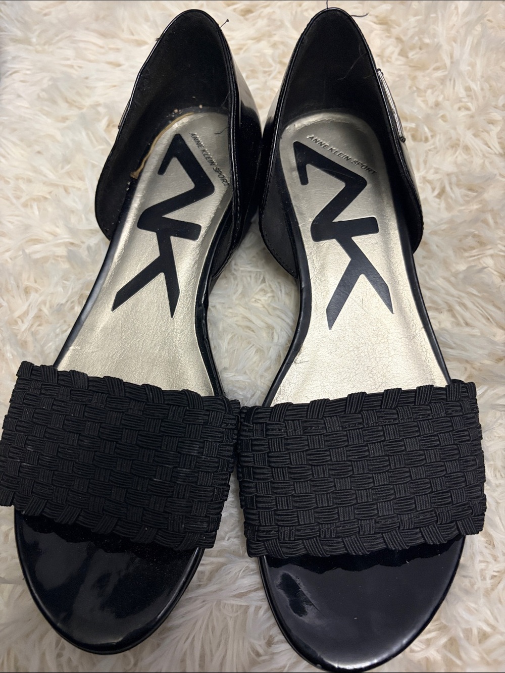 Anne Klein Sport Black Patent D'Orsay Flats with Woven Front Strap